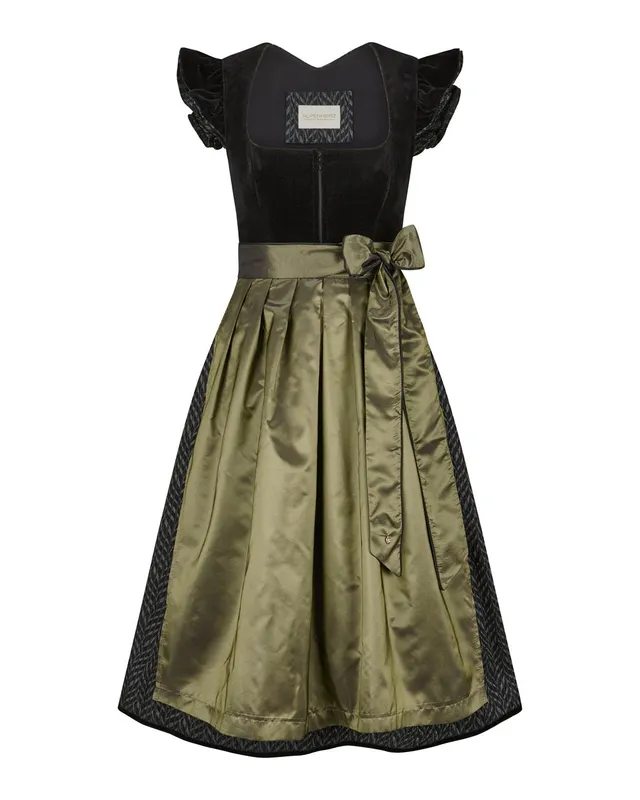 alpenherz-dirndl-velvet-samt-dirndl-schwarz-oliv-mit-fl-gel-rmchen image 1