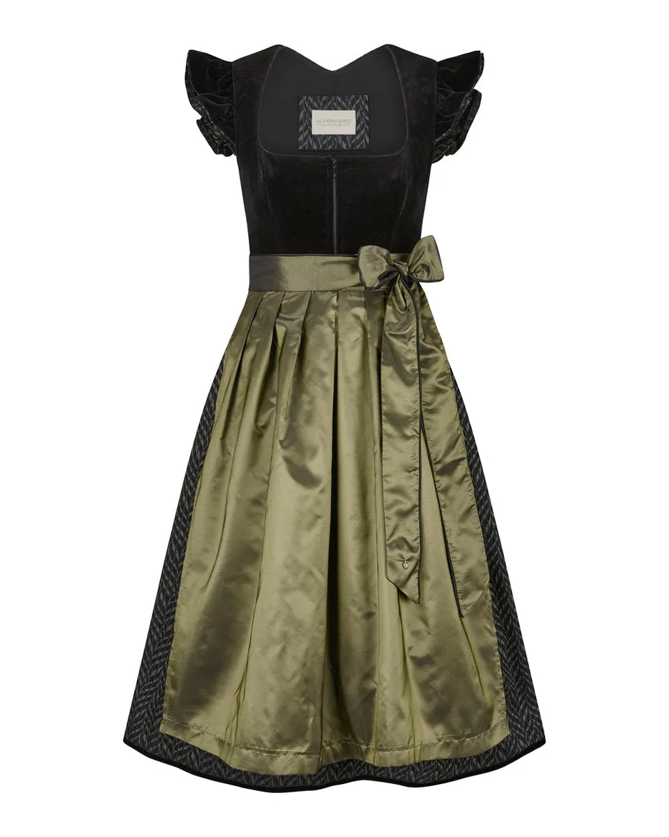 alpenherz-dirndl-velvet-samt-dirndl-schwarz-oliv-mit-fl-gel-rmchen image 1