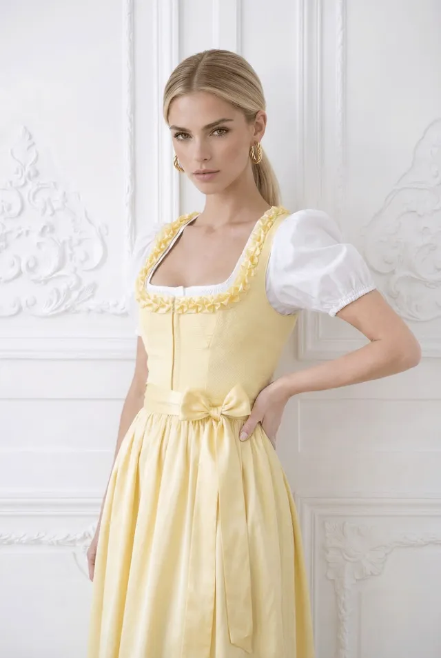 alpenherz-dirndl-ewelina-leinen-dirndl-butteryellow-mit-seidensch-rze image 1
