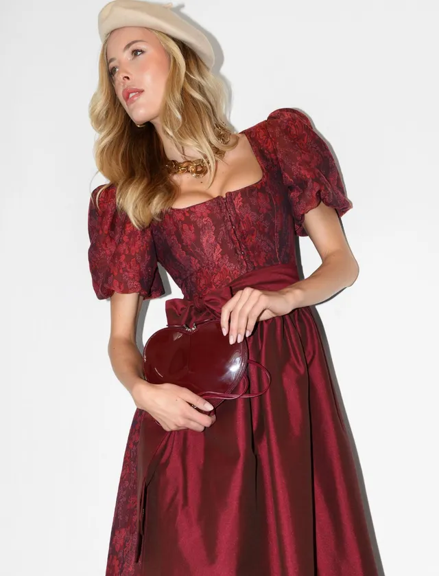 alpenherz-dirndl-barbara-rot-jacquard-mit-abnehmbarem-puffarm image 1