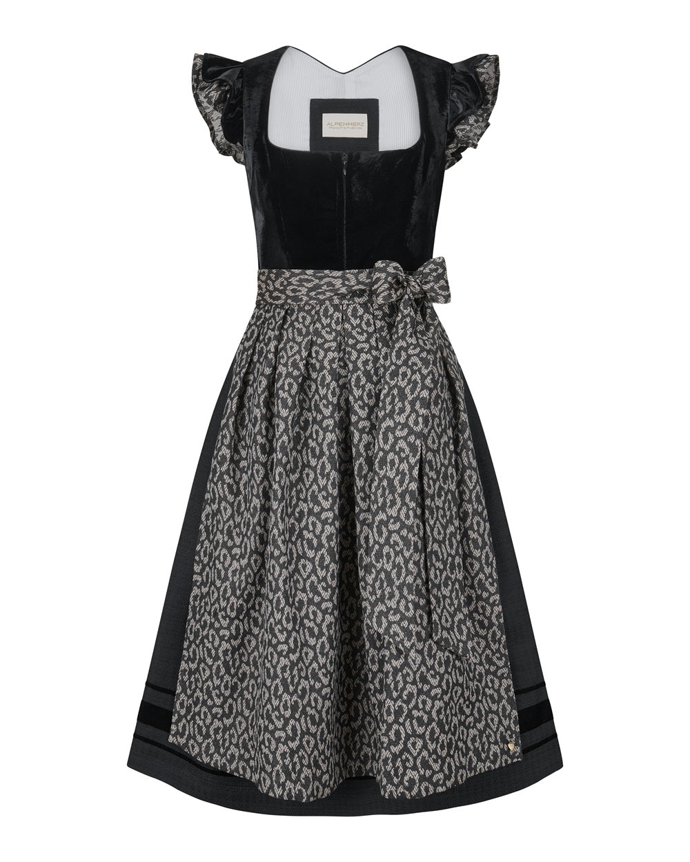 alpenherz-dirndl-leo-schwarz-beige-mit-abnehmbarem-fl-gelarm-samt-dirndl image 1