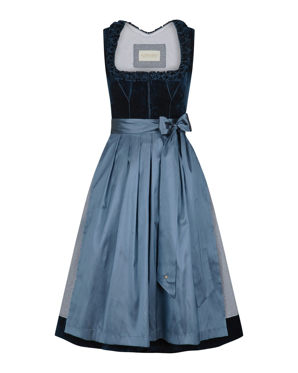 alpenherz-dirndl-rosalie-baumwollsamt-dirndl-in-blau-mit-froschgoscherl-borte image 1