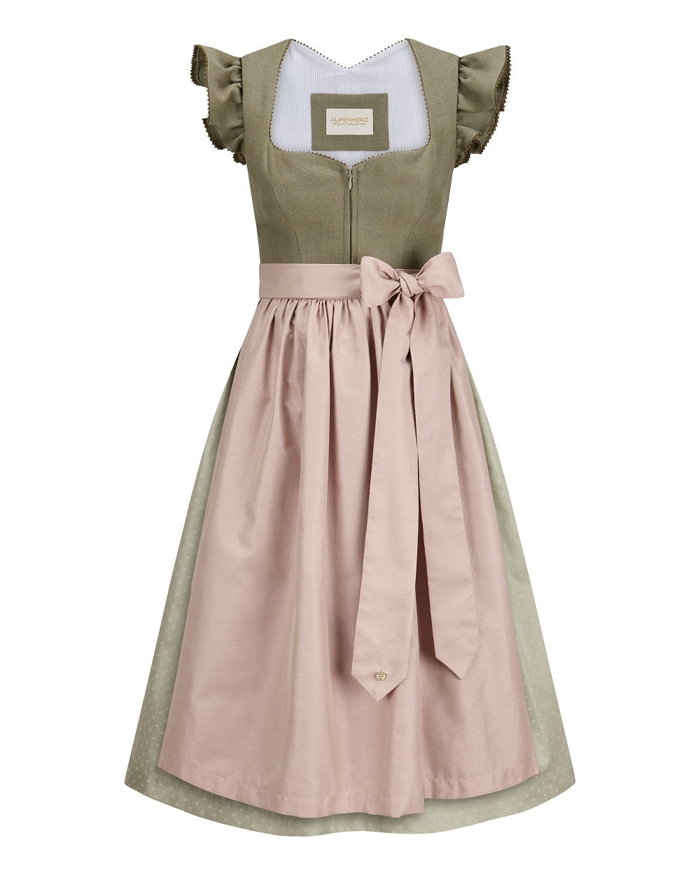 alpenherz-dirndl-marie-75-cm-oliv-sage-leinenmieder-fl-gelarm image 1