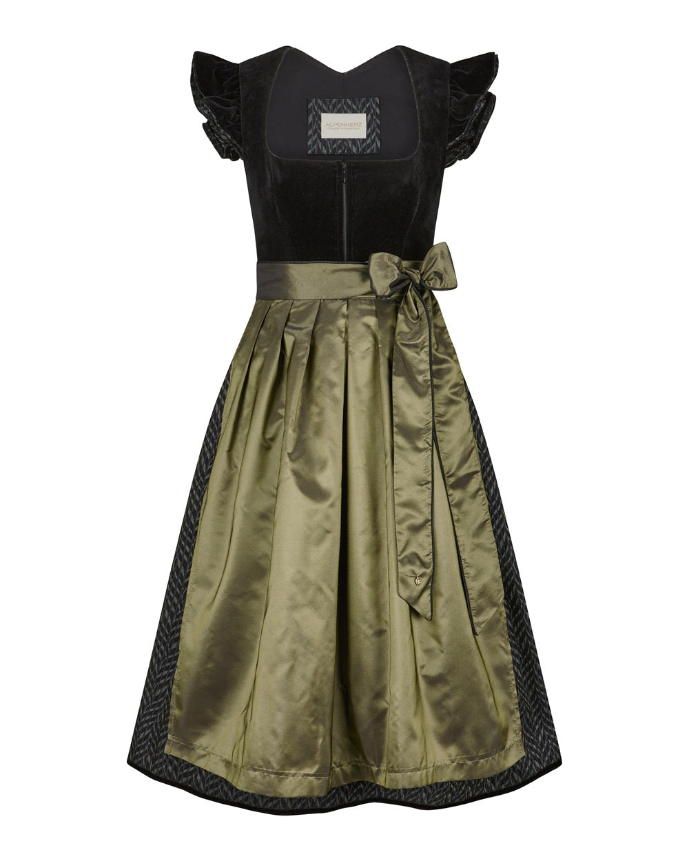 alpenherz-dirndl-velvet-samt-dirndl-schwarz-oliv-mit-fl-gel-rmchen image 1