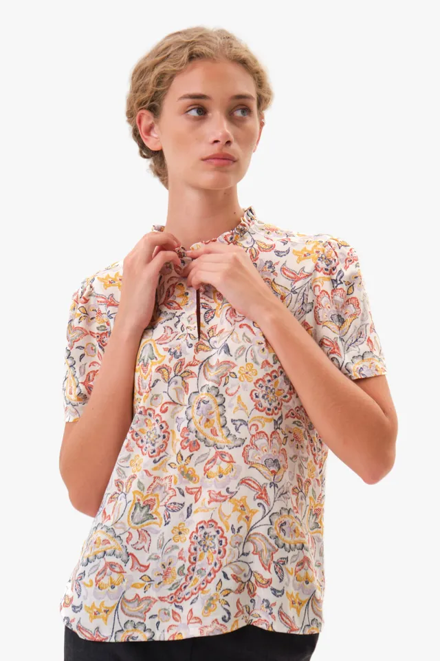 felicitas-banu-damen-bluse-kurzarm-printbluse-mit-stehkragen-und-r-schen image 1
