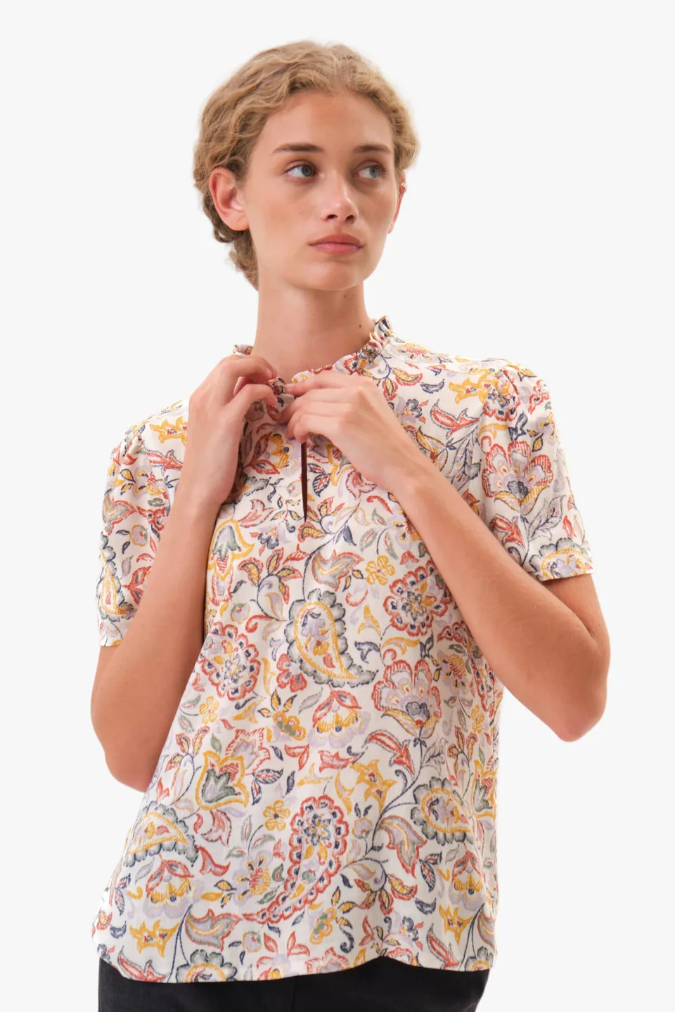 felicitas-banu-damen-bluse-kurzarm-printbluse-mit-stehkragen-und-r-schen image 1